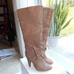 Tan Knee High Stiletto Heel Almond Toe Boots